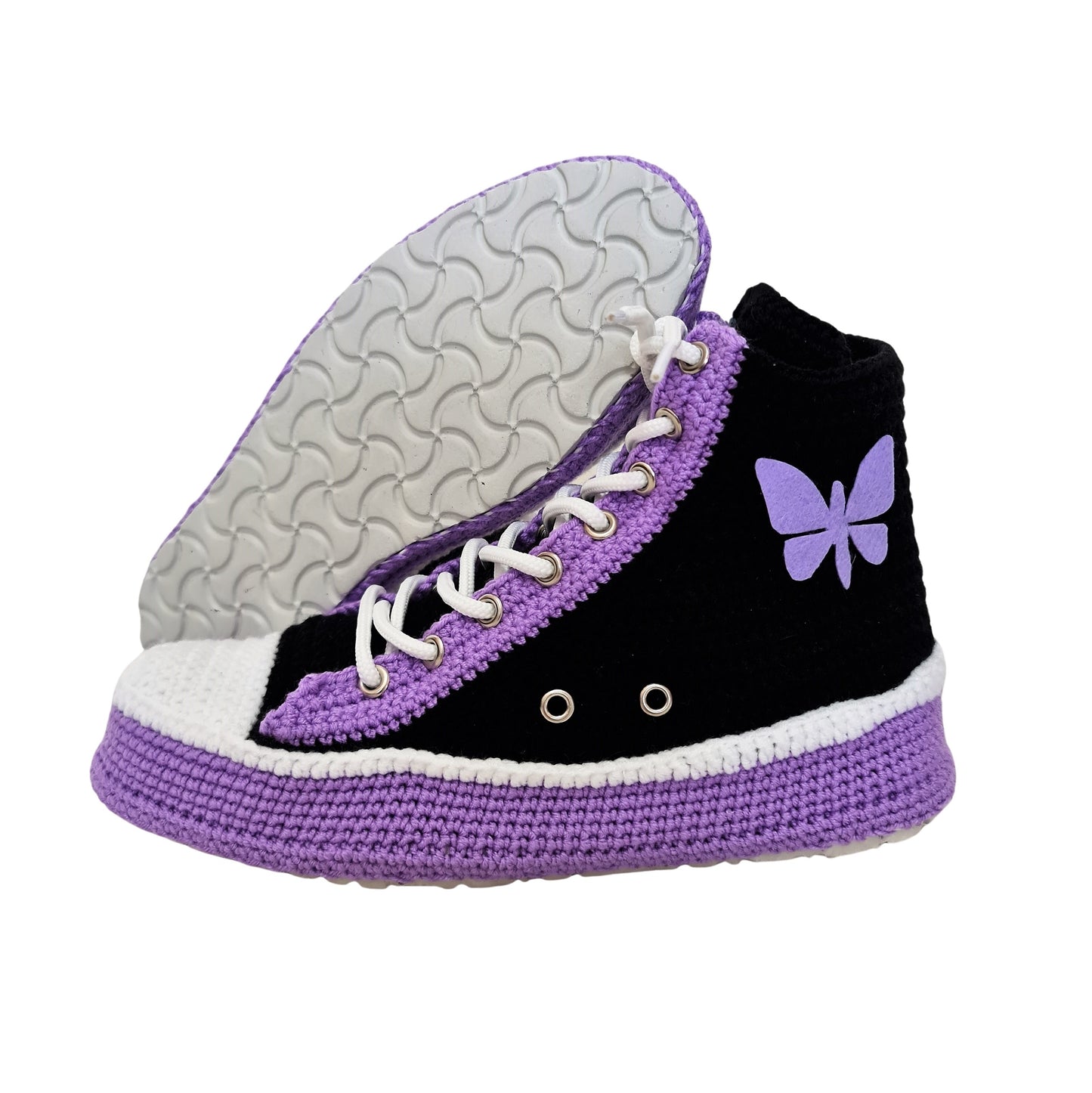 Crochet Knit Handmade Converse-like Women's Indoor Slippers Purple Butterfly Patch - Custom Sneakers Multi-colored Embroidered Plush Shoes